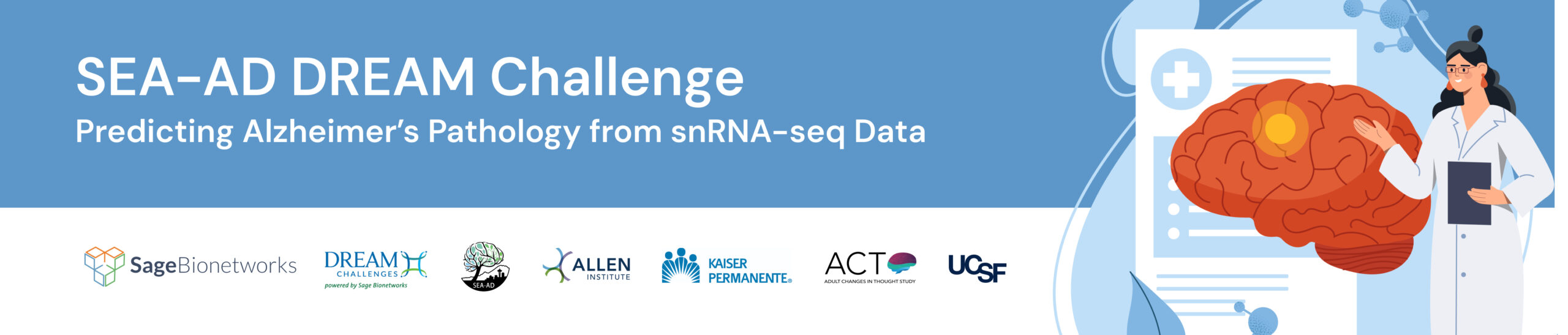 Banner features challenge name and sponsors: Sage Bionetworks, DREAM Challenges, SEA-AD Consortium, Allen Institute, Kaiser Permanente, ACT, and UCSF
