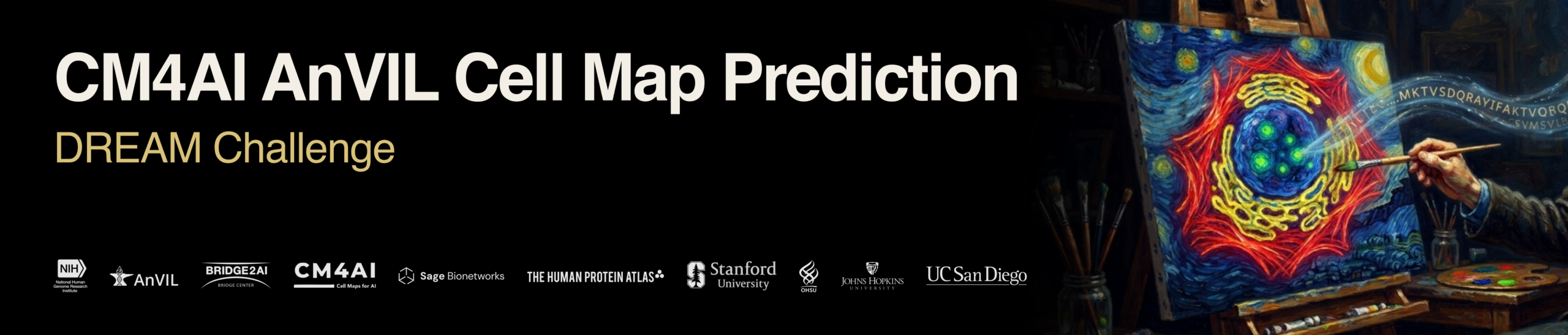 CM4AI AnVIL Cell Map Prediction DREAM Challenge Web Banner with Sponsors: NIH, AnVIL, Bridge2AI, CM4AI, Sage Bionetworks, the Human Protein Atlas, Stanford, Johns Hopkins, and UC San Diego